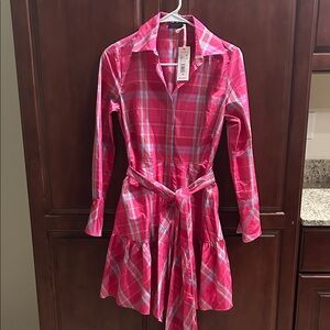 Vineyard Vines Pink Plaid Long Sleeve Shirt Dress with Pockets